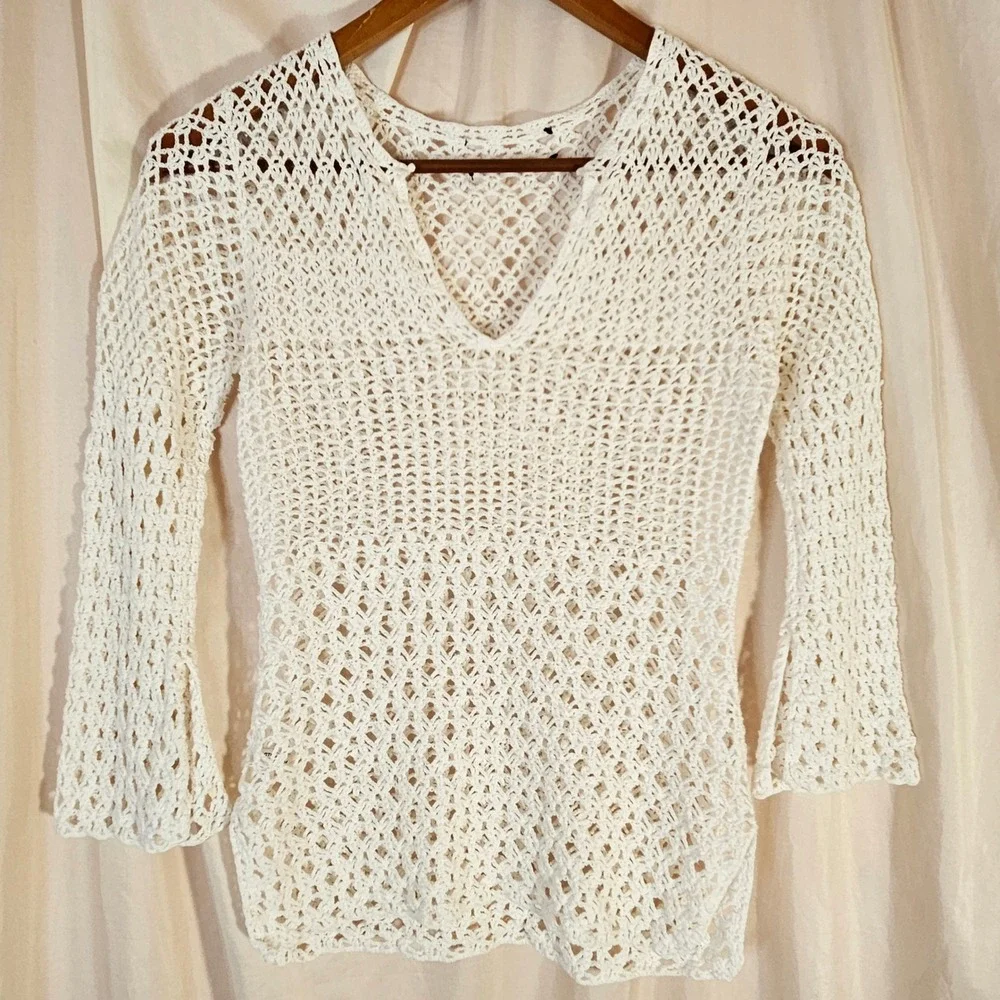 White Open Knit Crochet Top Women's Small Bell Sleeve Boho Festival Cottagecore